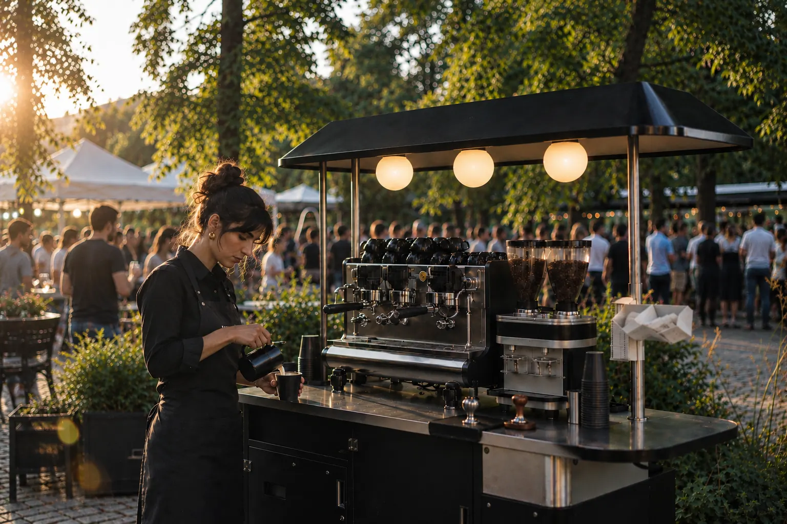 Barista au versage d'un café sur un chariot ALTO en extérieur, lumière dorée
